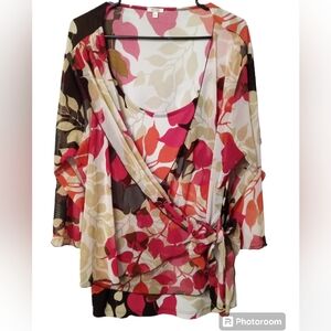 Nicola Woman 3/4 sleeve 2X floral Fushia, Brown, & Rust blouse with faux wrap